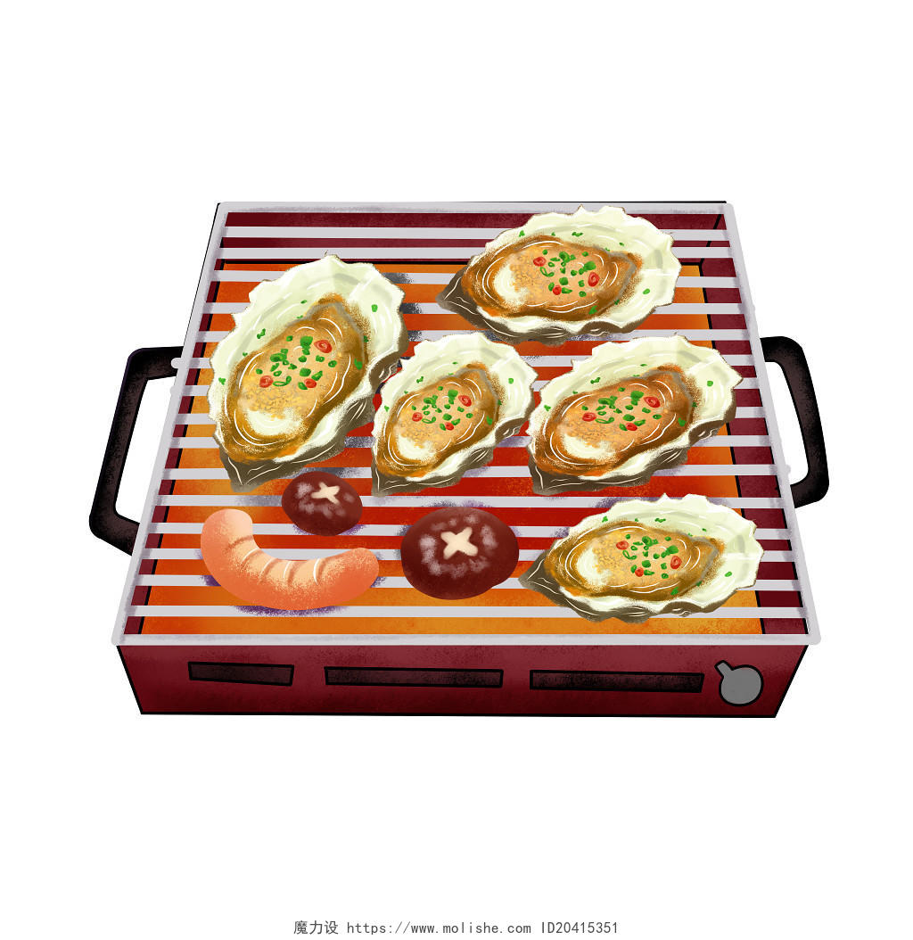 彩色卡通手绘烧烤生蚝香菇肠子食物素材原创插画海报